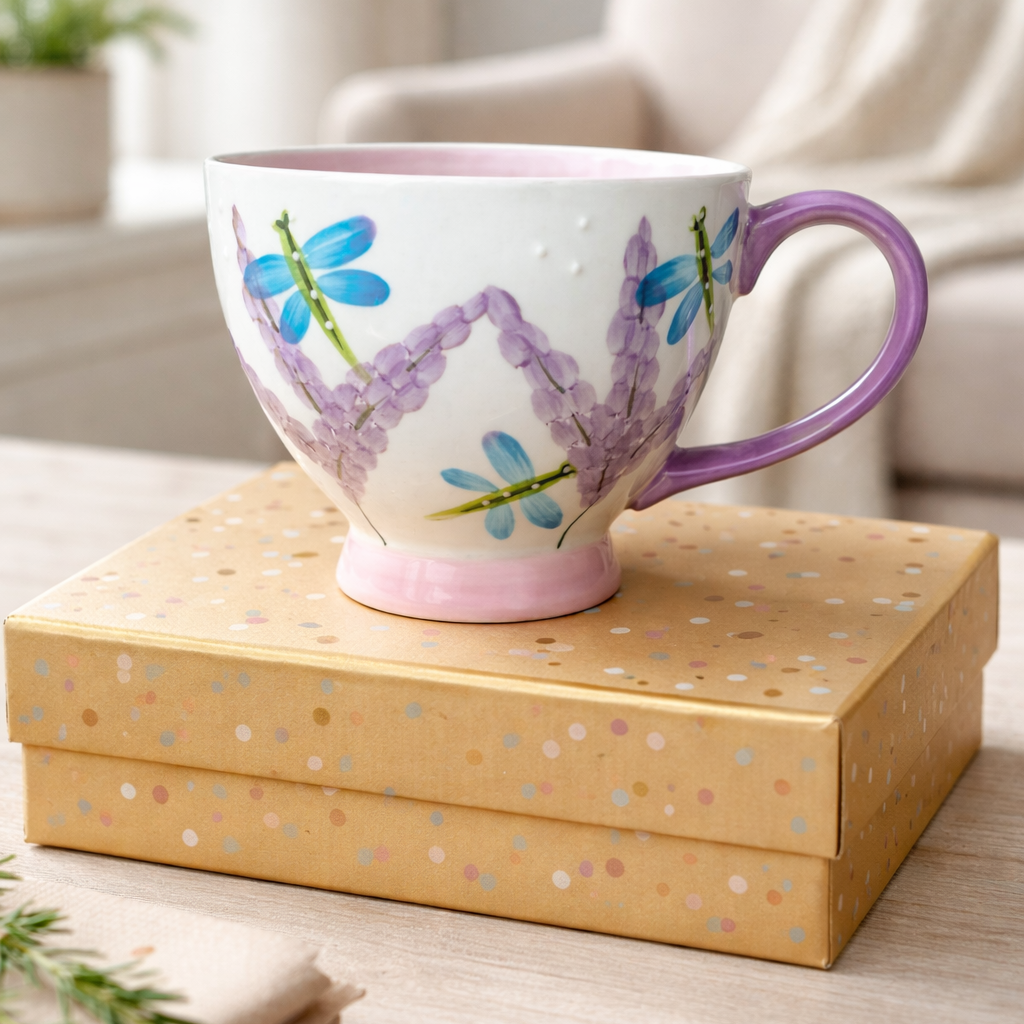 Hand-Painted Dragonfly Fine China Mug Set