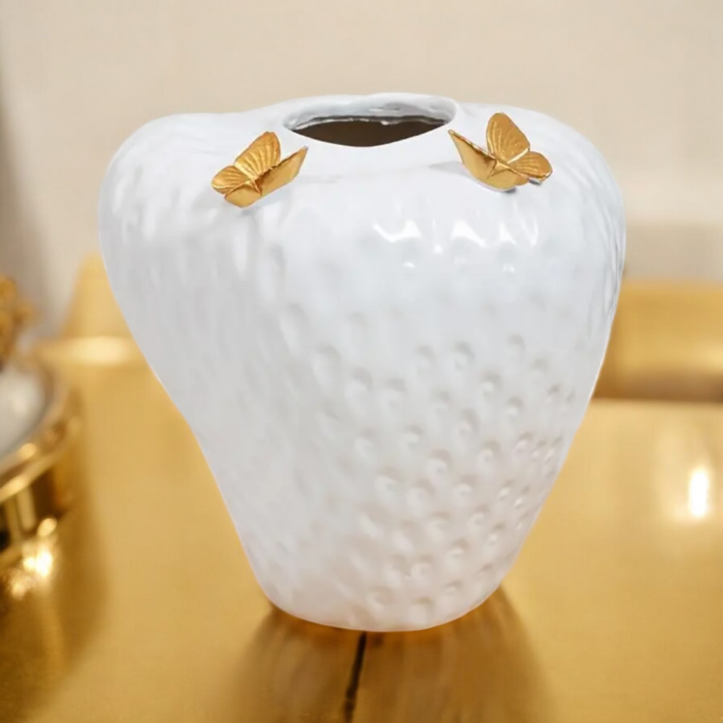 Strawberry Vase With Gold Butterflies