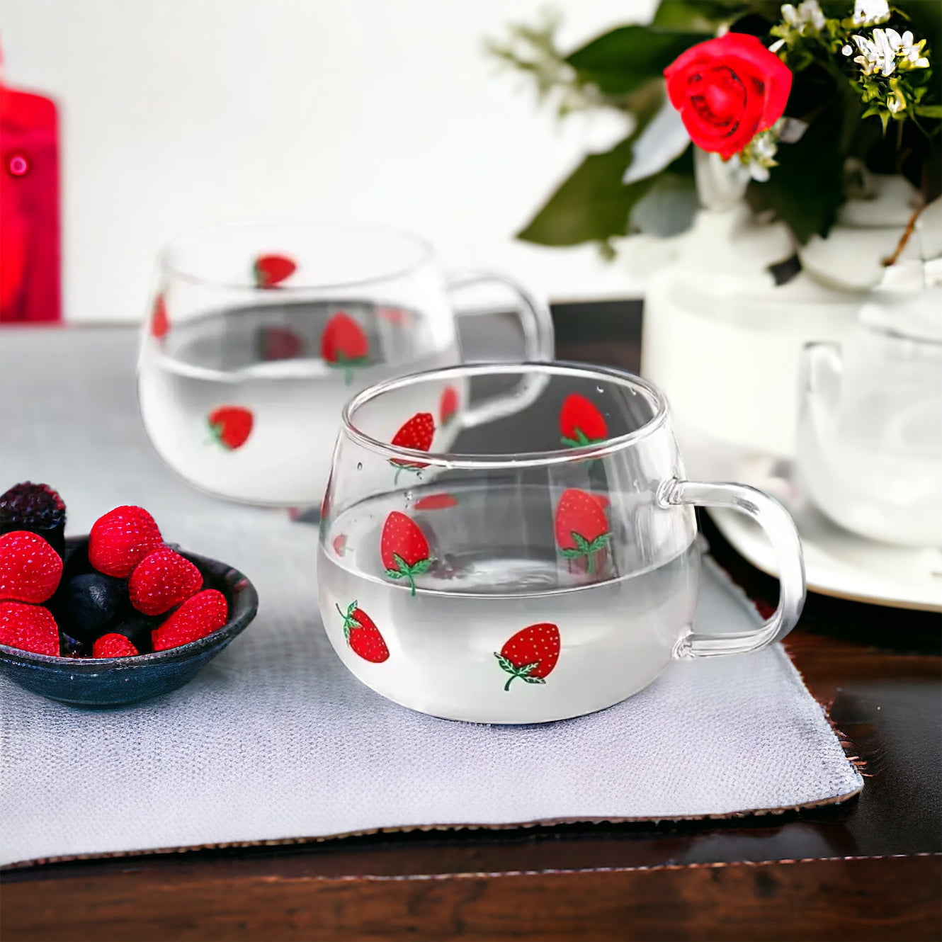 Set Of 2 Strawberry Glass Coffee Mug