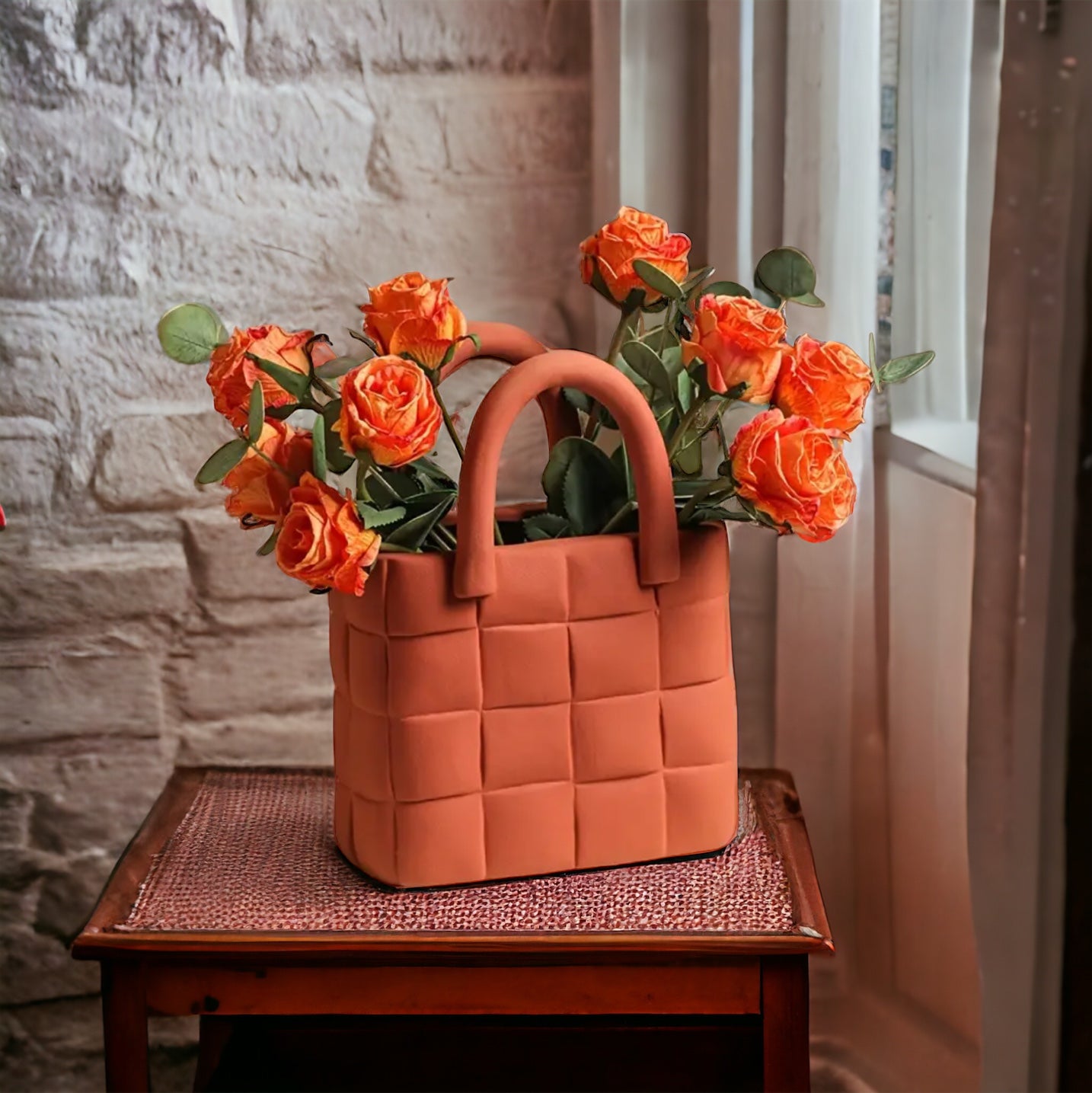 Orange Garden Weave Basket Handbag Vase