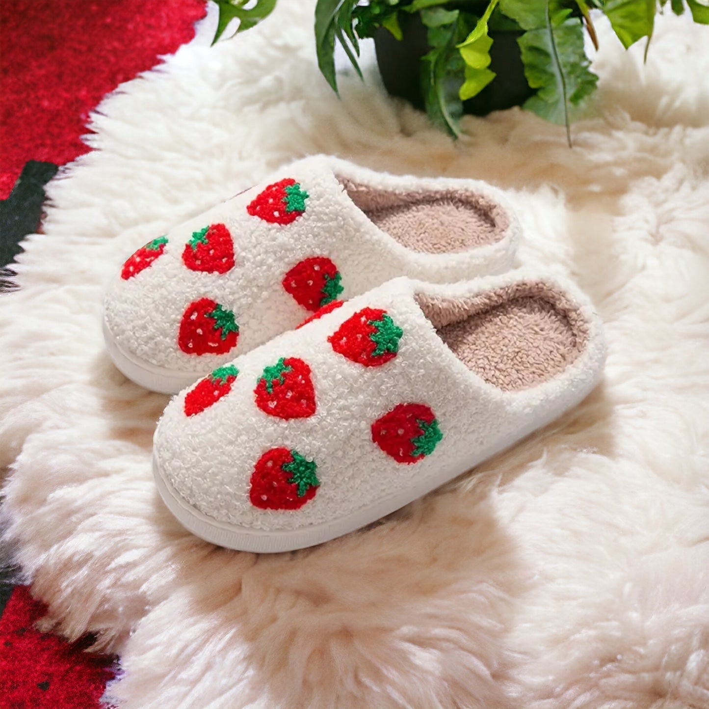 Plush Strawberry Slippers