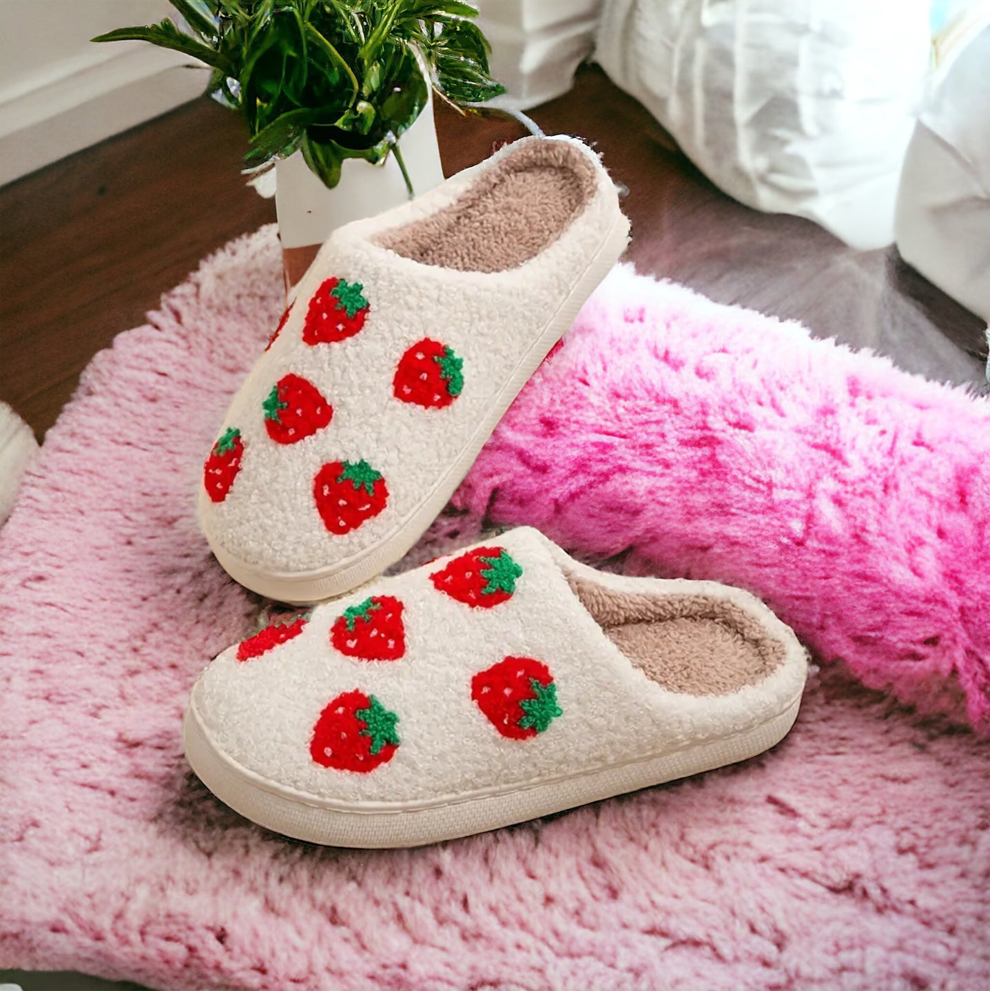 Plush Strawberry Slippers