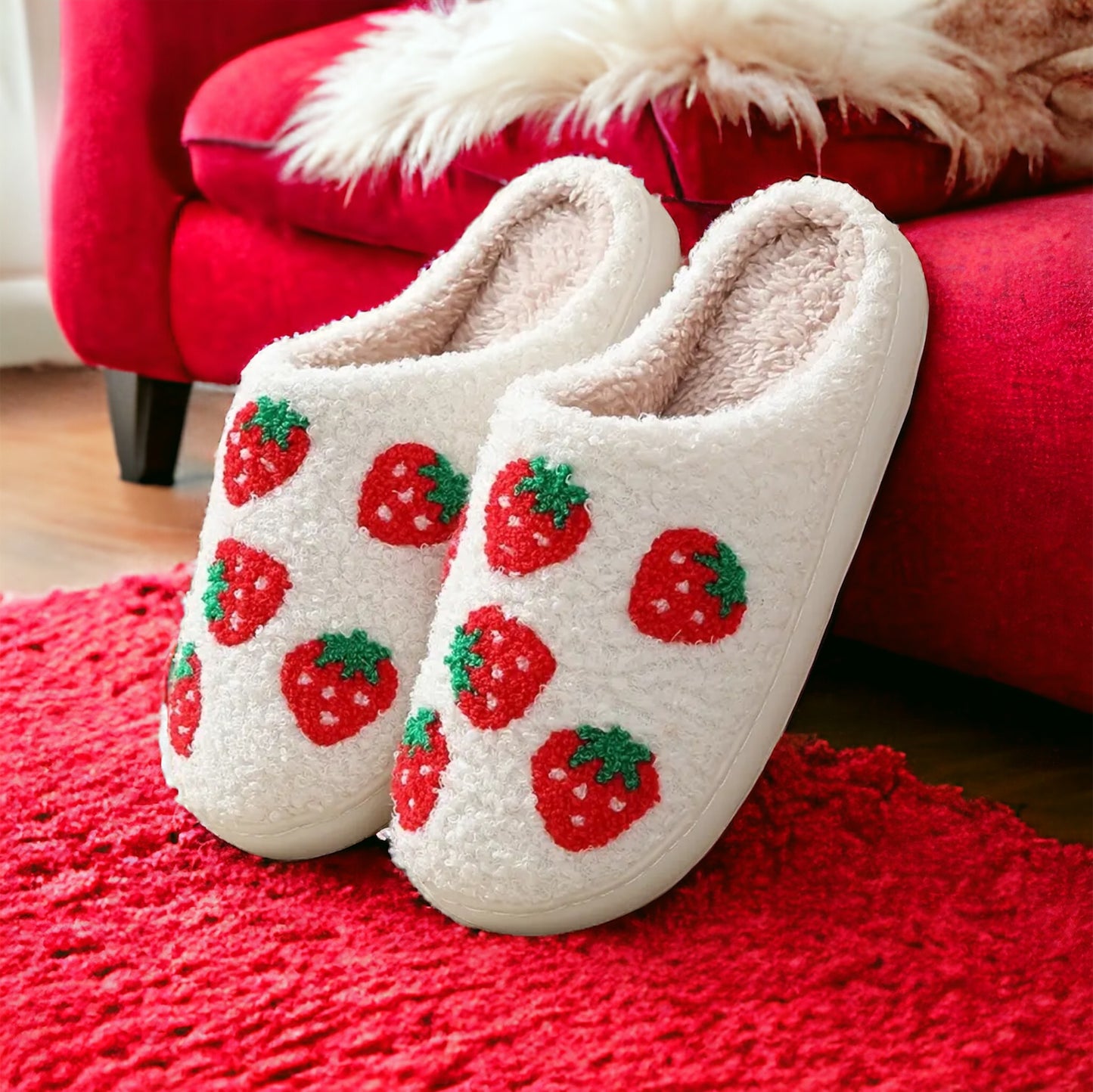 Plush Strawberry Slippers