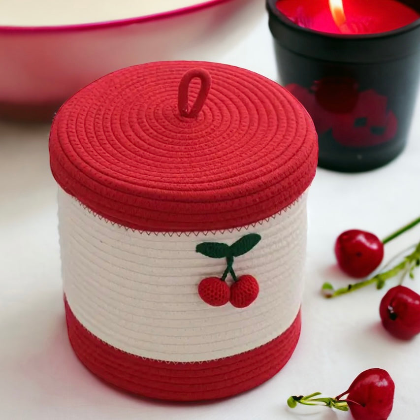 Hand-Woven Cherry Storage Basket With Lid