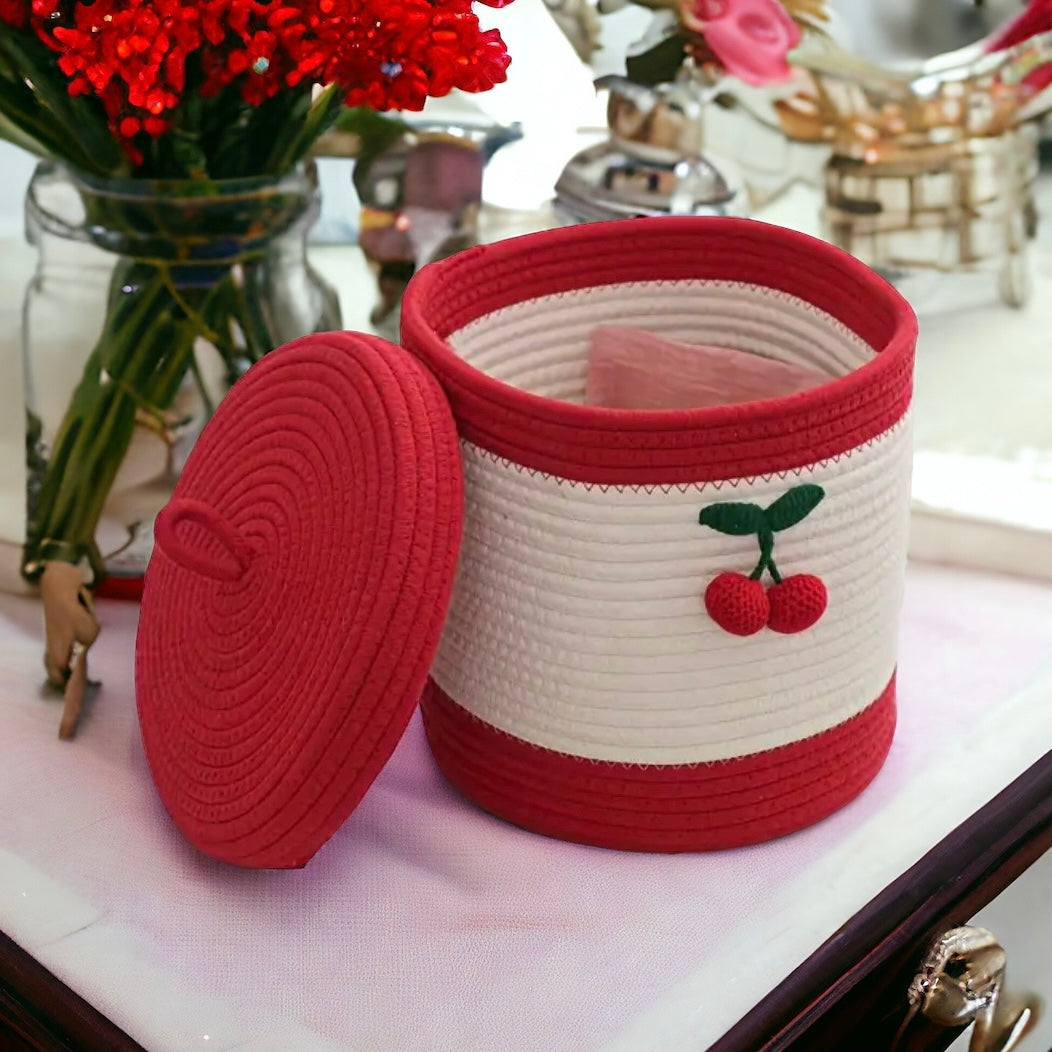 Hand-Woven Cherry Storage Basket With Lid