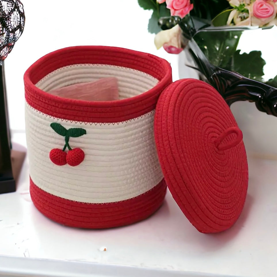 Hand-Woven Cherry Storage Basket With Lid