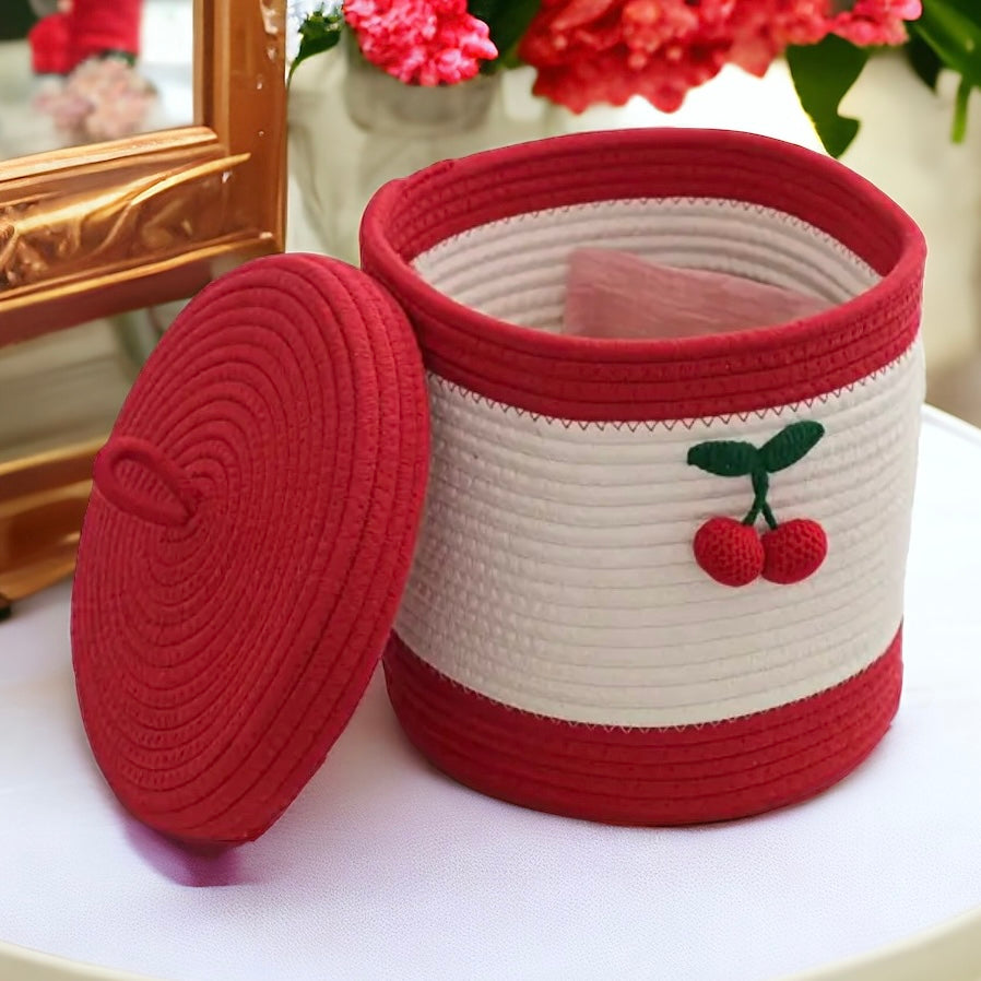 Hand-Woven Cherry Storage Basket With Lid