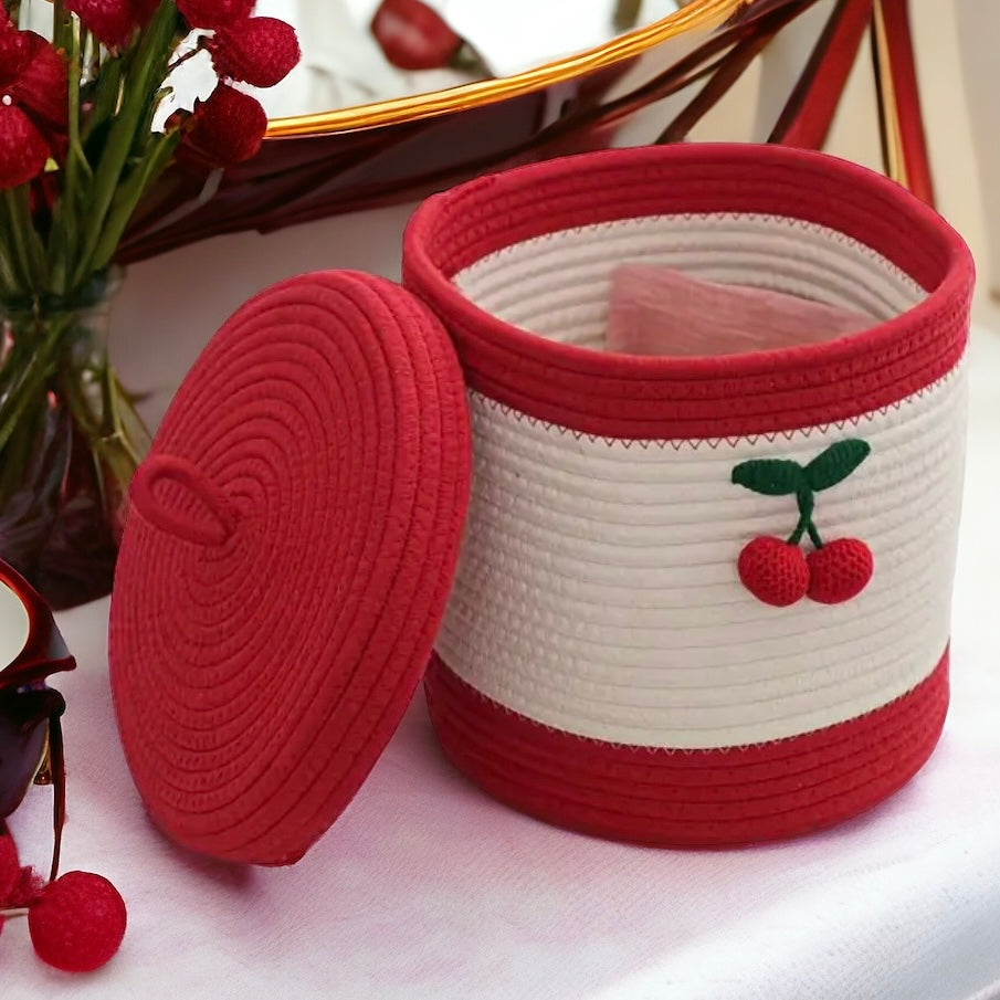 Hand-Woven Cherry Storage Basket With Lid