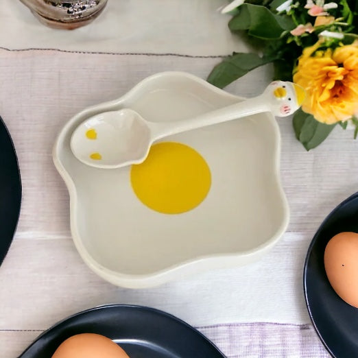 Sunny Side Up Egg Shape Plate & Spoon