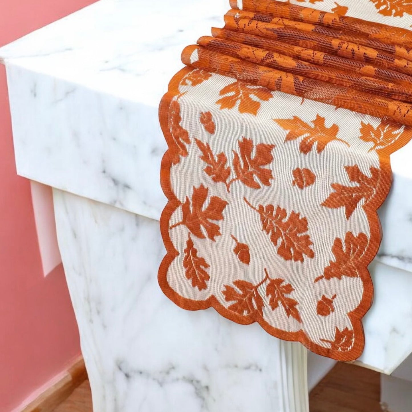 Burnt Orange Lace Leaf Autumn Table Runner