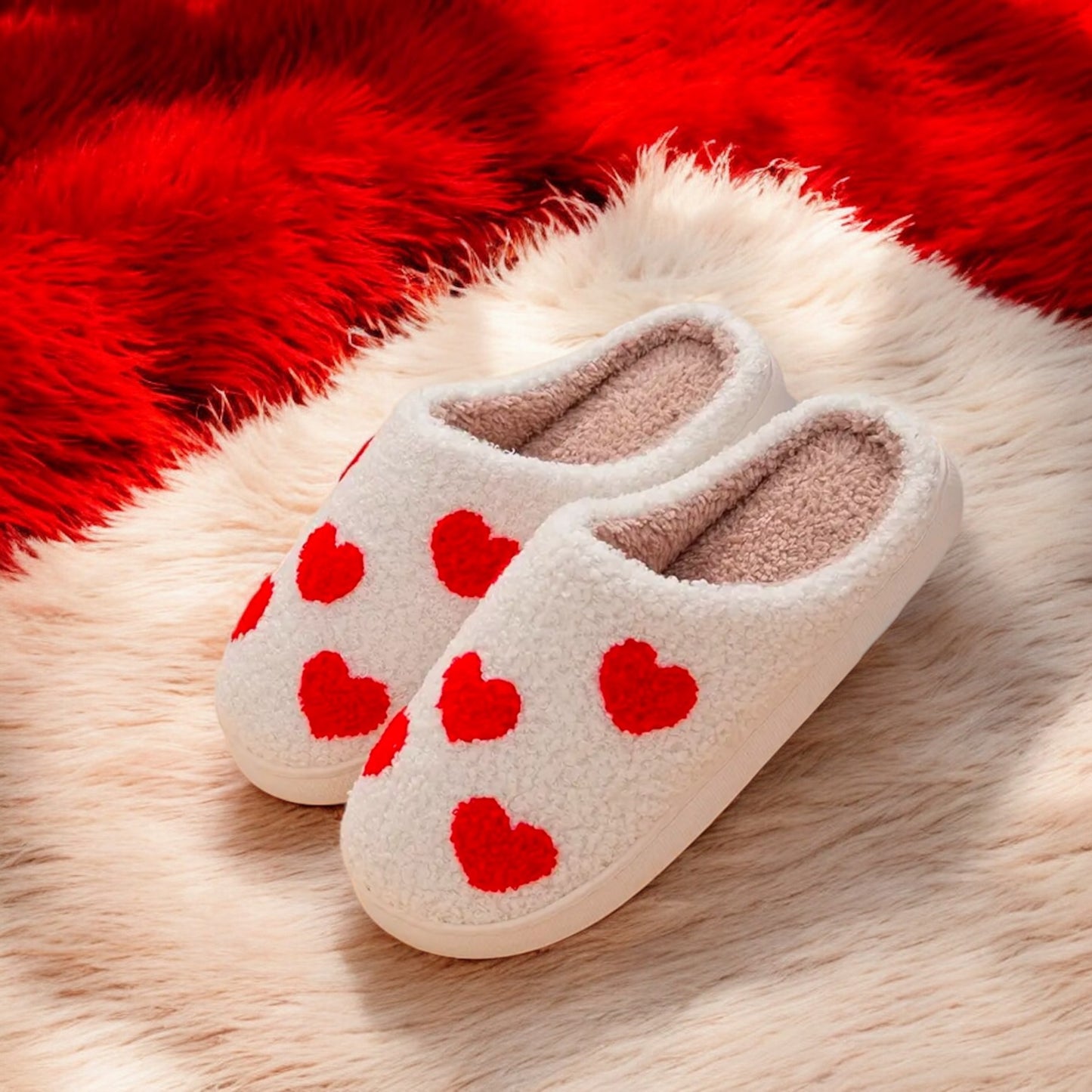 Red Love Heart Plush Slippers