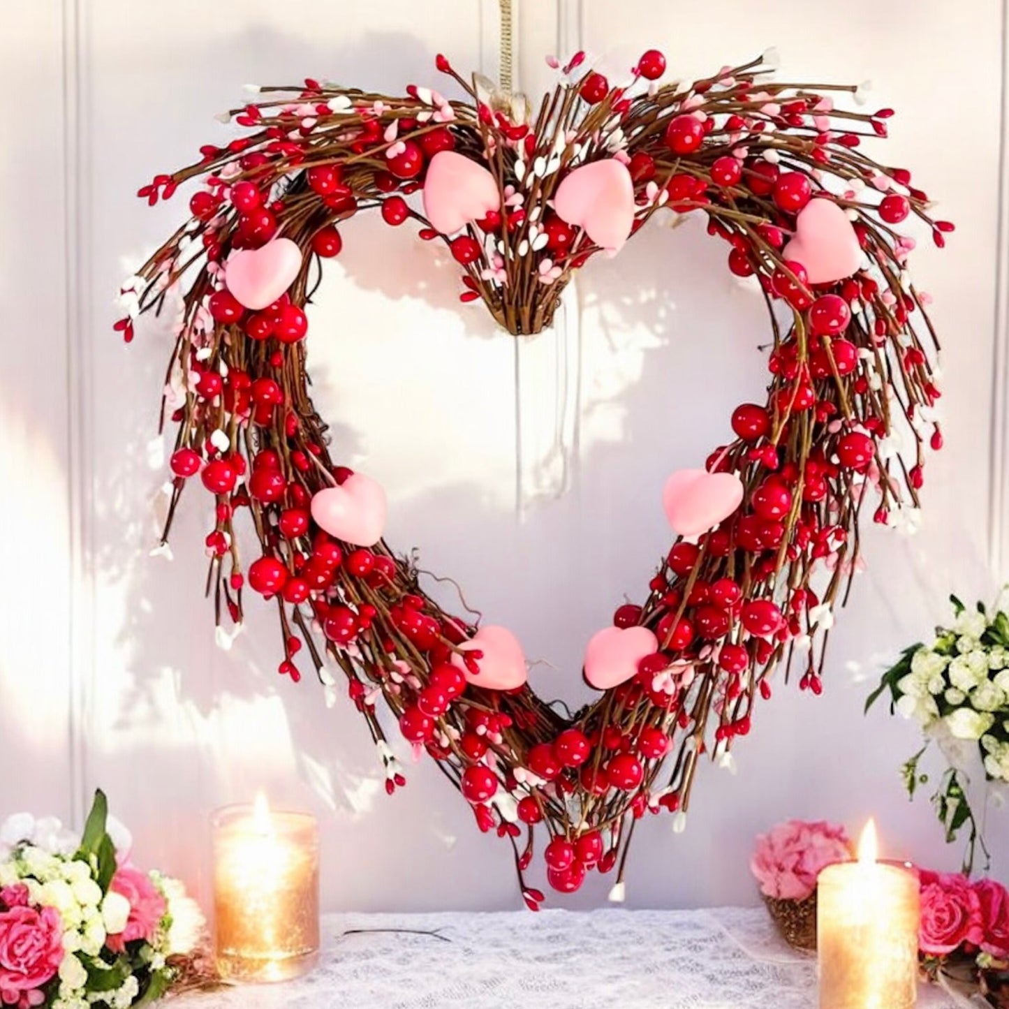 Valentines Red & Pink Heart Twig Wreath