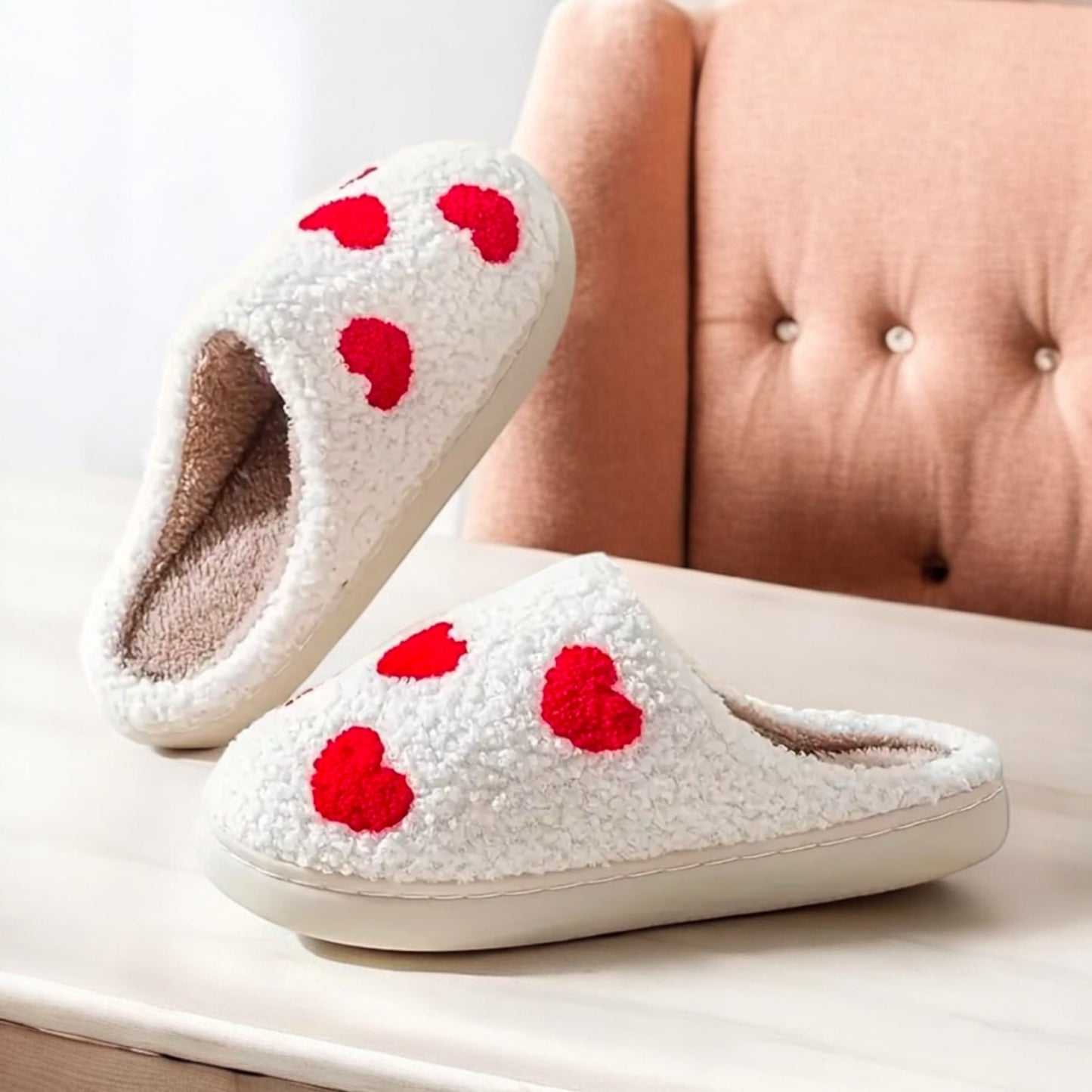Red Love Heart Plush Slippers