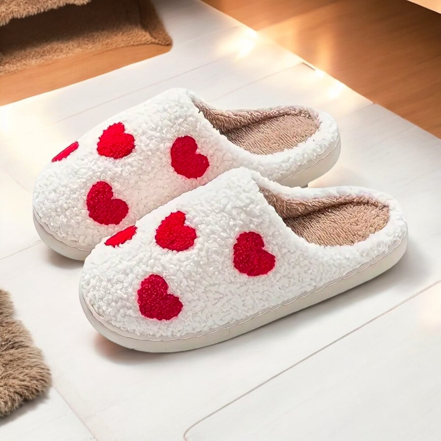 Red Love Heart Plush Slippers