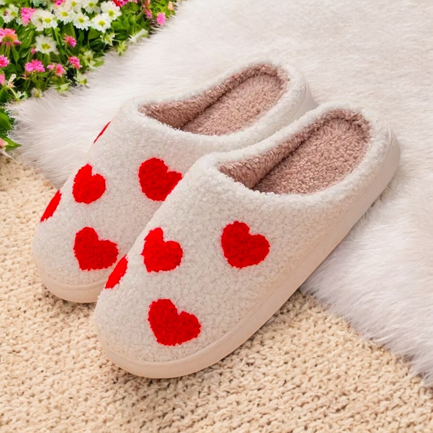 Red Love Heart Plush Slippers