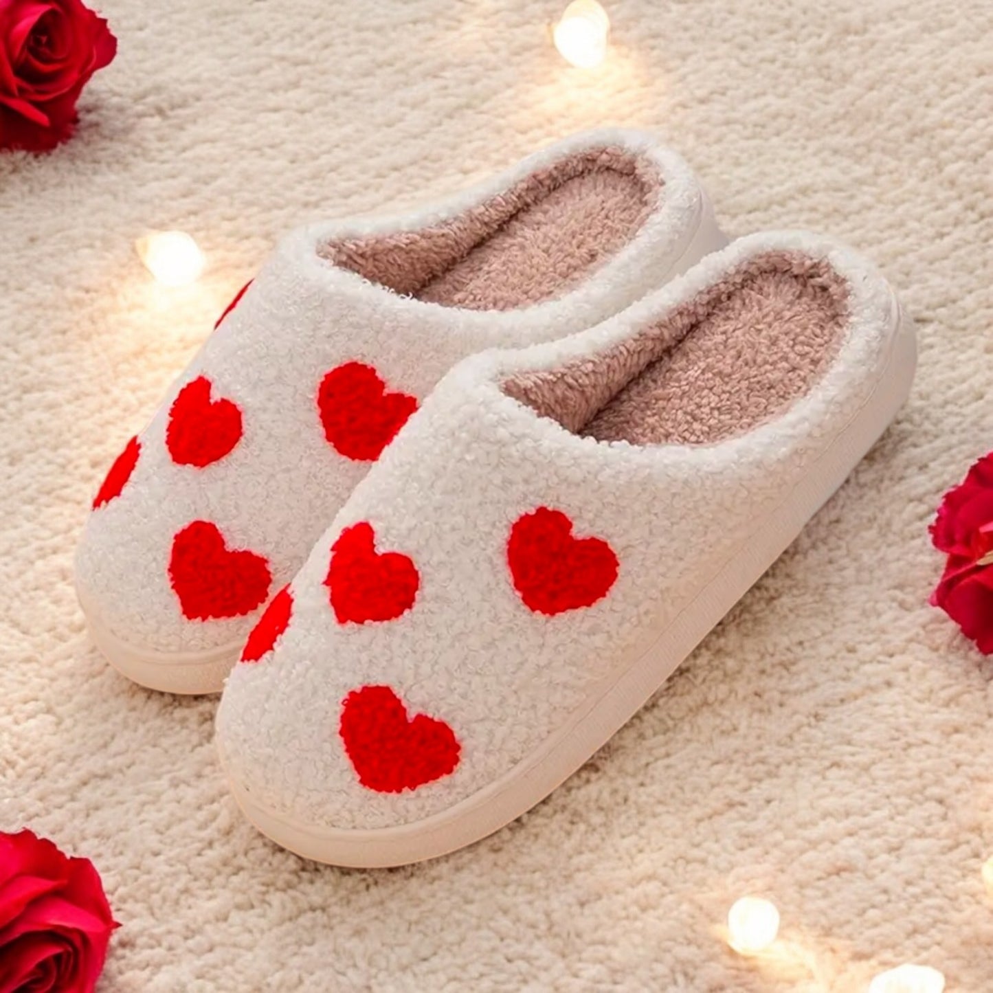Red Love Heart Plush Slippers