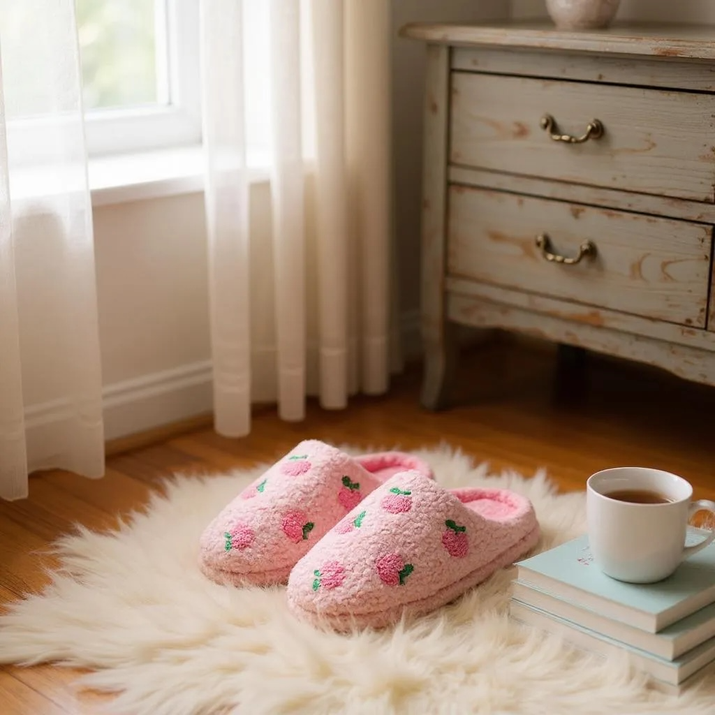 Pink Strawberry Slippers & Free Socks