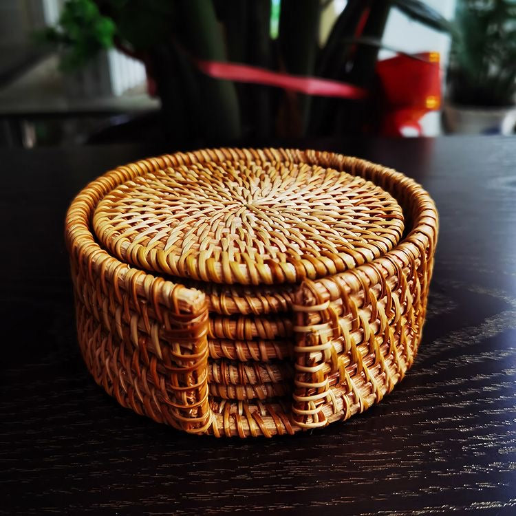 Set Of 6 Rattan Coasters | Rattan Coaster Holder