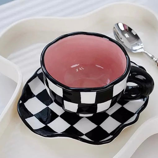 Porcelain Ceramic Checkerboard Cup & Saucer Set |