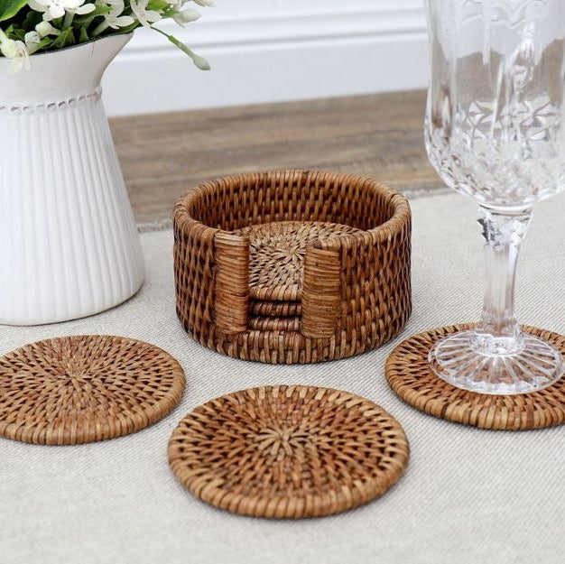 Set Of 6 Rattan Coasters | Rattan Coaster Holder