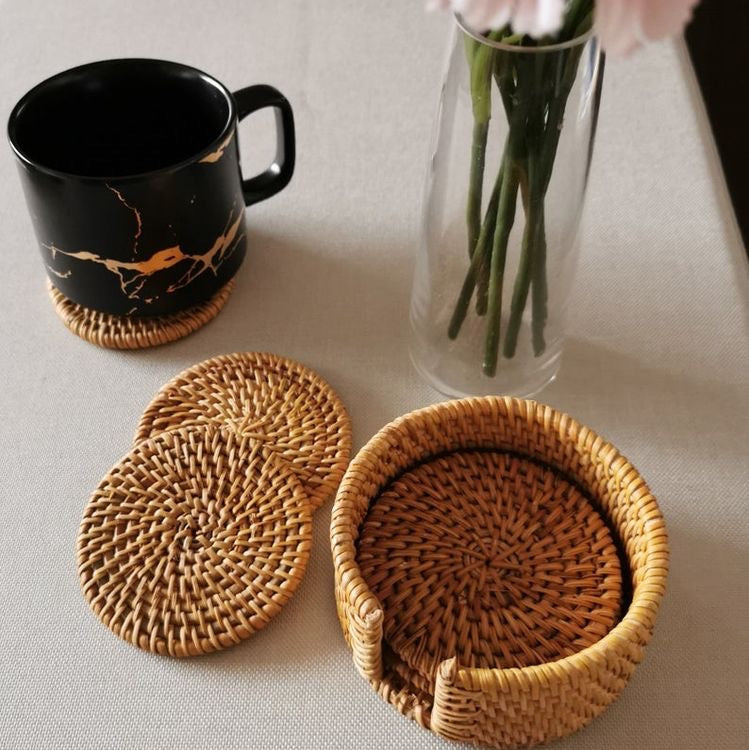 Set Of 6 Rattan Coasters | Rattan Coaster Holder