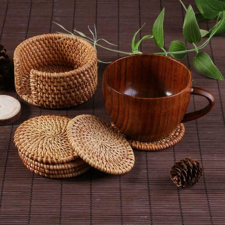 Set Of 6 Rattan Coasters | Rattan Coaster Holder