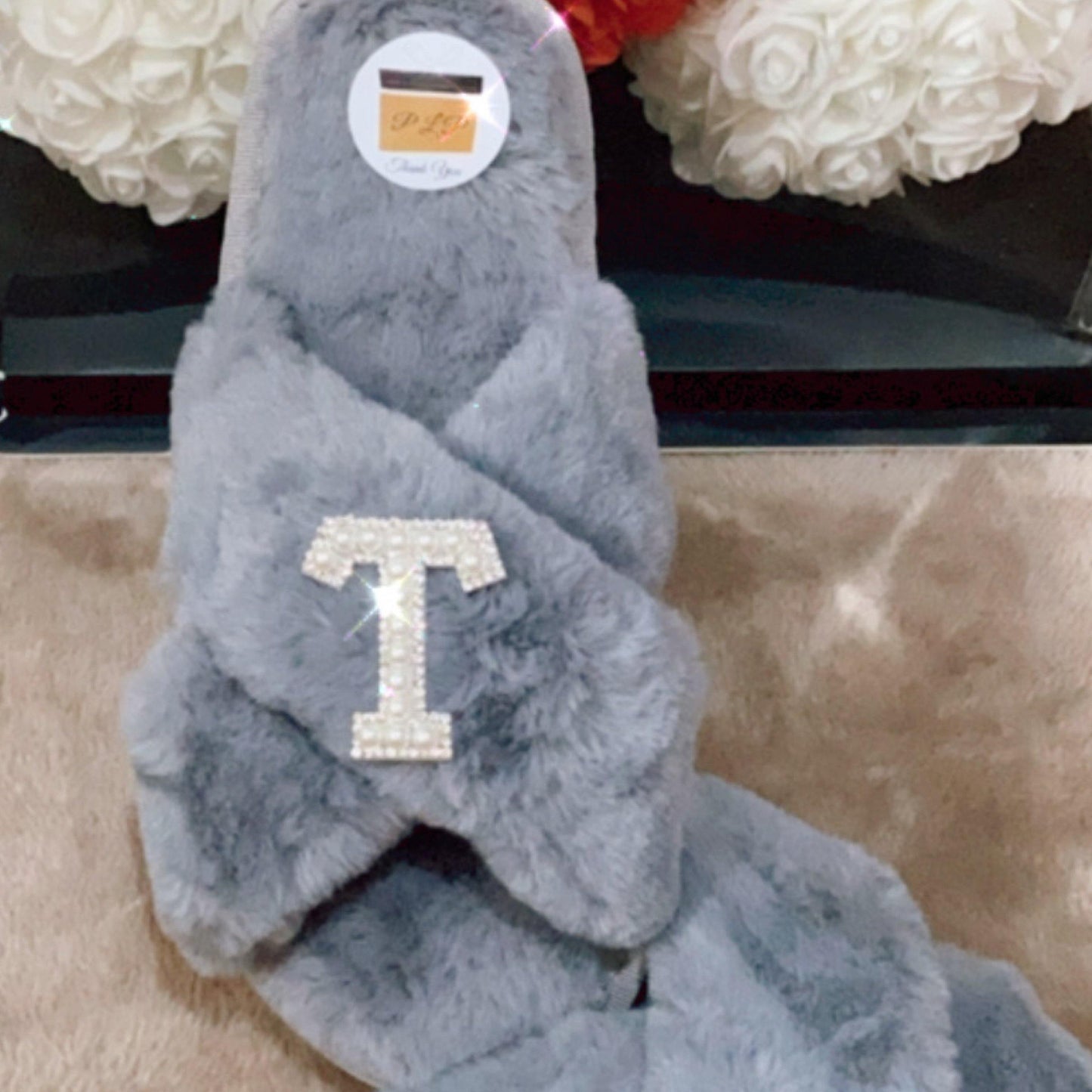 Customised Grey Faux Fur โ ๐๐ป๐ช๐ท๐ด๐ฒ๐ฎโ Slippers. - Pretty Little Presents