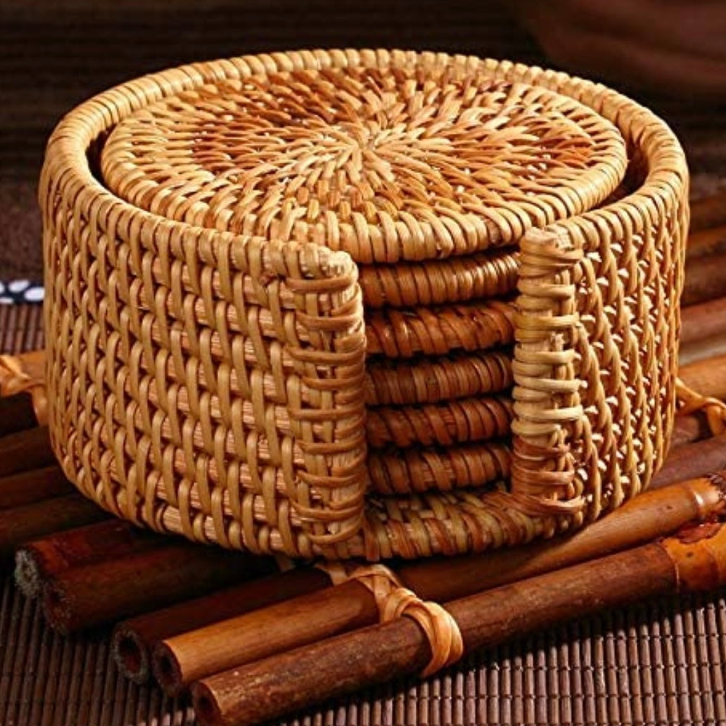 Set Of 6 Rattan Coasters | Rattan Coaster Holder