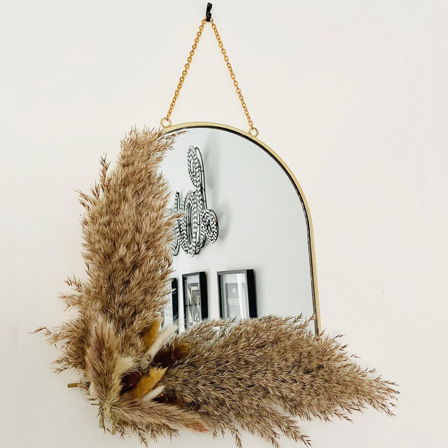 Gold Frame Arched Hanging Pampas Mirror