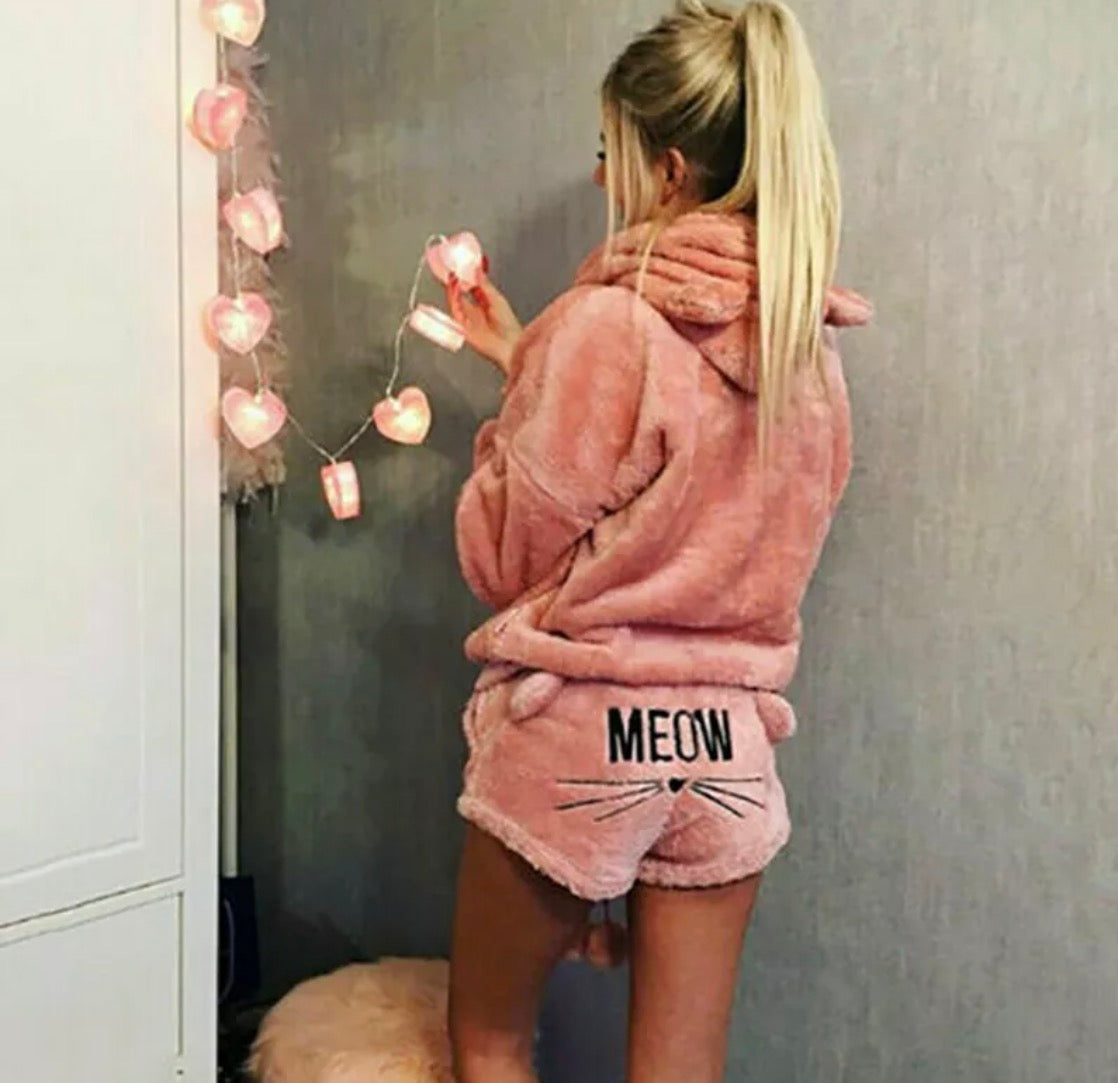 Cute & Cosy 2 Piece Fluffy Fleece Meow Pyjama Set Loungewear
