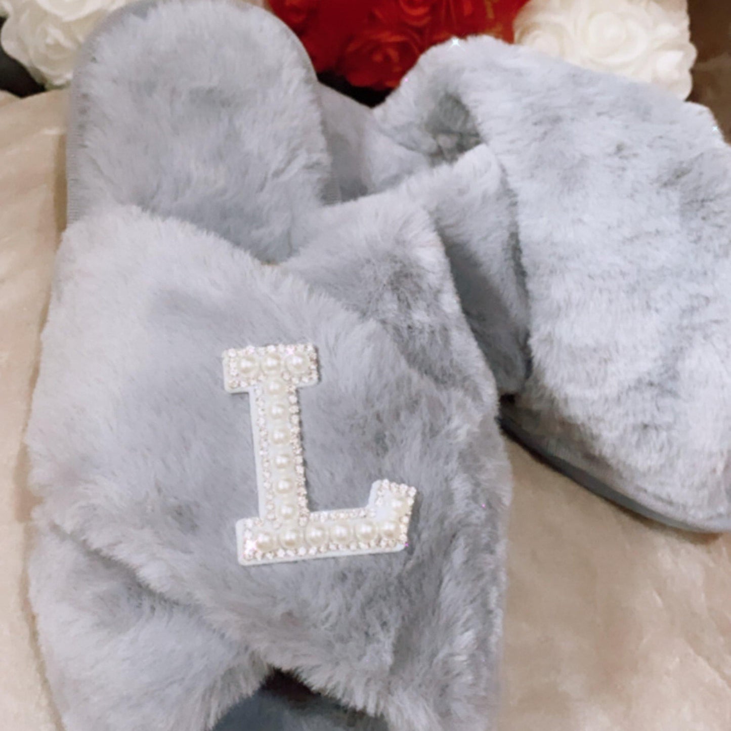 Customised Grey Faux Fur โ ๐๐ป๐ช๐ท๐ด๐ฒ๐ฎโ Slippers. - Pretty Little Presents