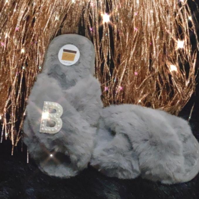 Customised Grey Faux Fur โ ๐๐ป๐ช๐ท๐ด๐ฒ๐ฎโ Slippers. - Pretty Little Presents
