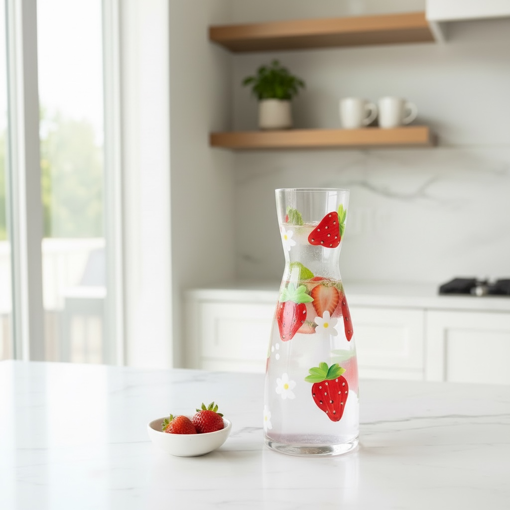Hand-Painted Strawberry & Daisy Carafe / Vase