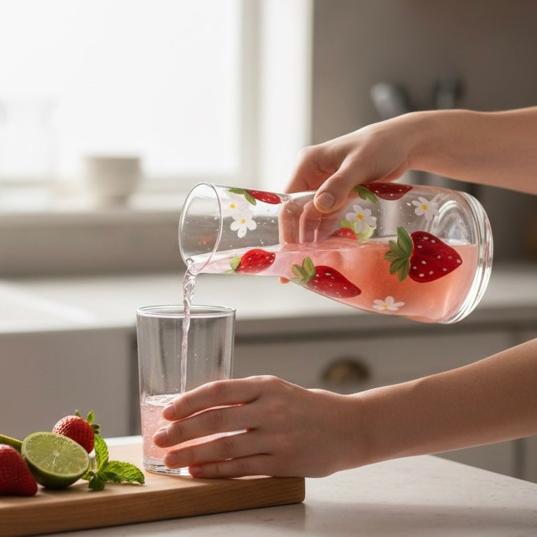 Hand-Painted Strawberry & Daisy Carafe / Vase