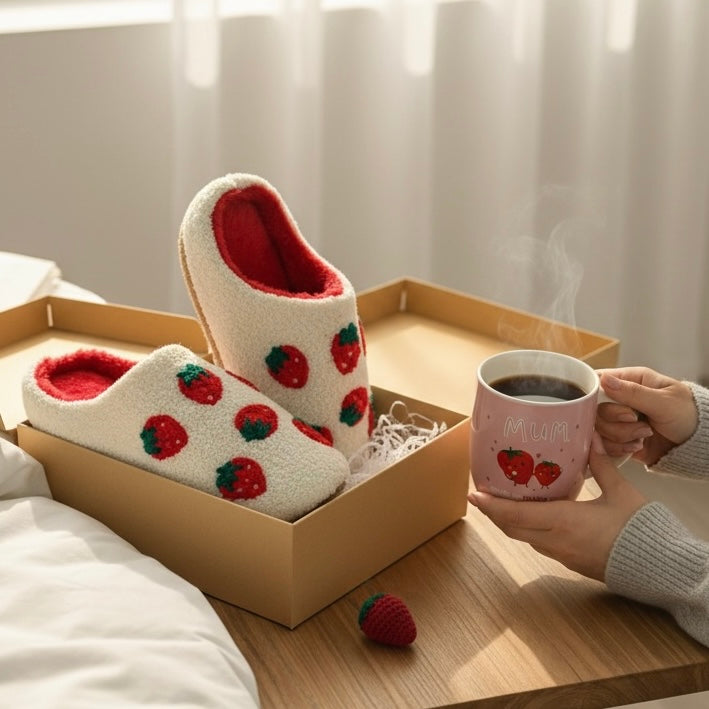 Strawberry Themed Slipper Mug & Candle Gift Set