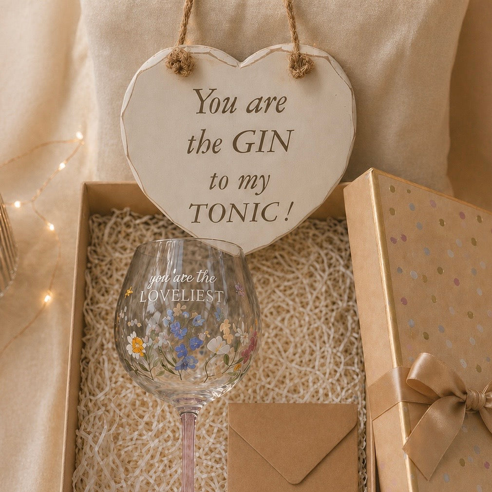 “You Are The Loveliest” Floral Wine Glass & Gin to My Tonic Plaque