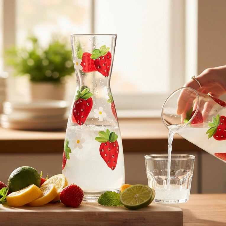 Hand-Painted Strawberry & Daisy Carafe / Vase