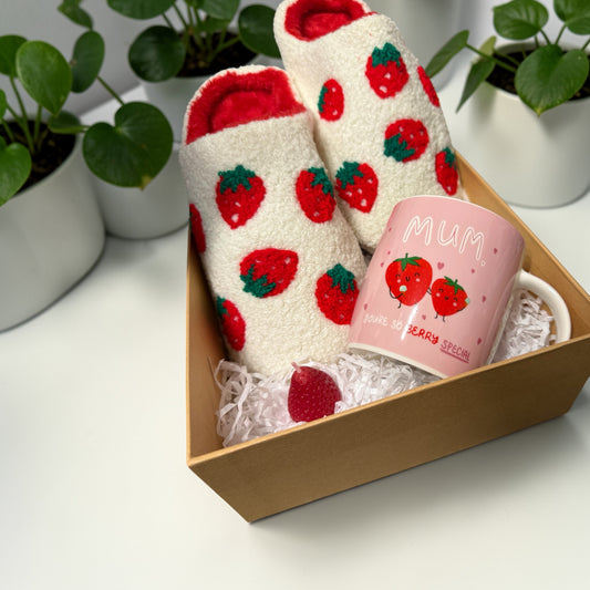 Strawberry Themed Slipper Mug & Candle Gift Set