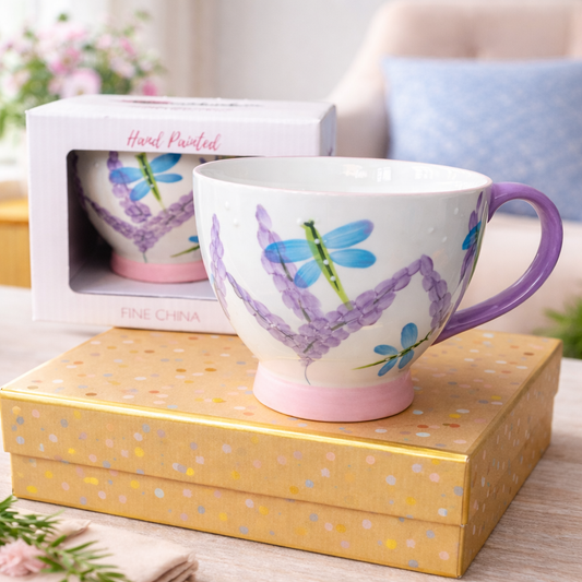 Hand-Painted Dragonfly Fine China Mug Set