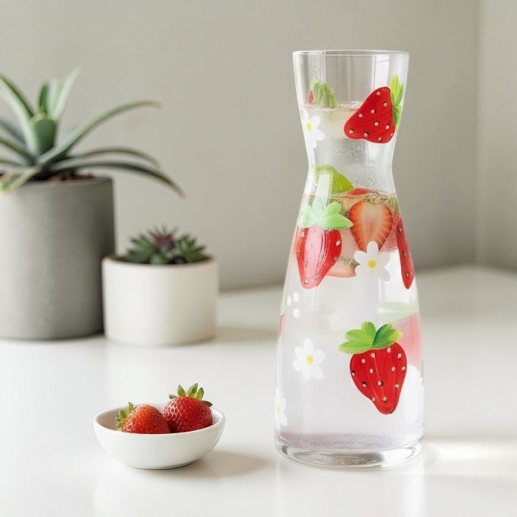 Hand-Painted Strawberry & Daisy Carafe / Vase
