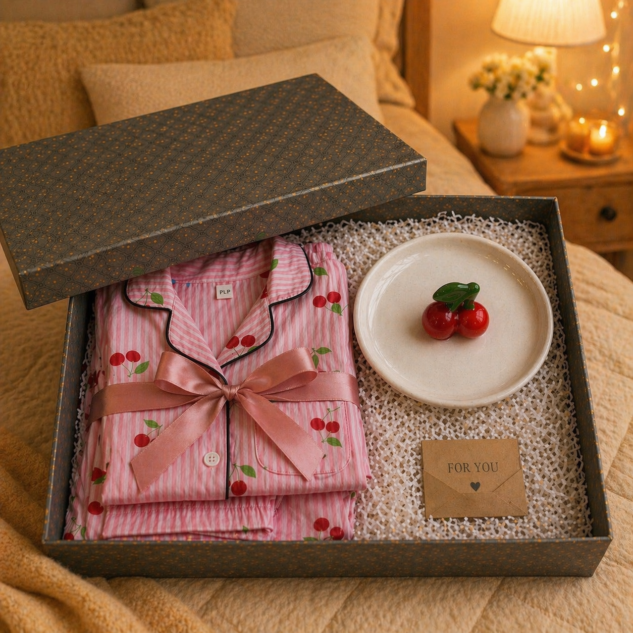 Cherry Pyjamas & Trinket Tray Gift Set