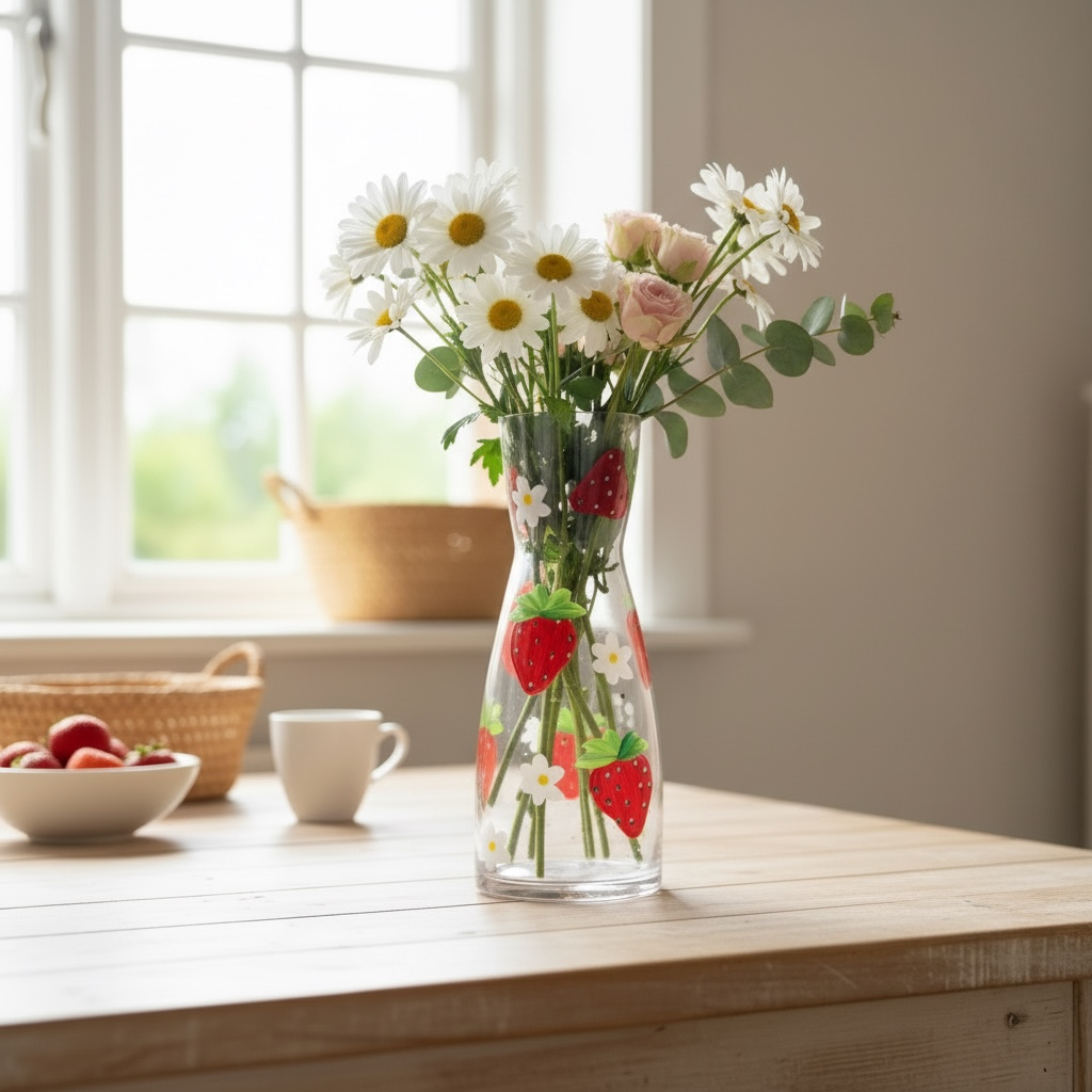 Hand-Painted Strawberry & Daisy Carafe / Vase