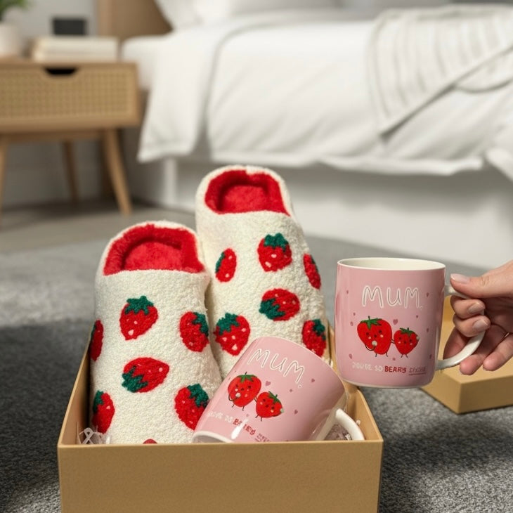 Strawberry Themed Slipper Mug & Candle Gift Set