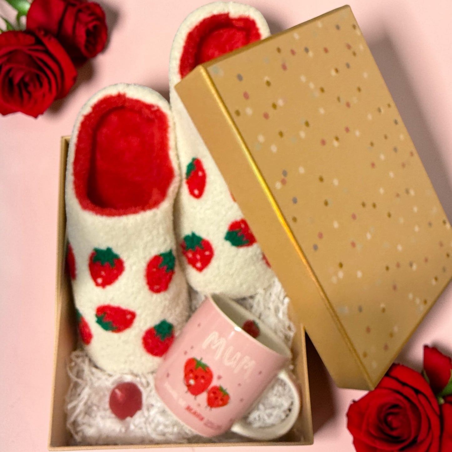Strawberry Themed Slipper Mug & Candle Gift Set