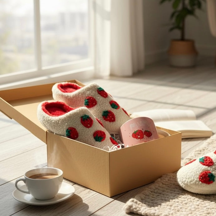 Strawberry Themed Slipper Mug & Candle Gift Set