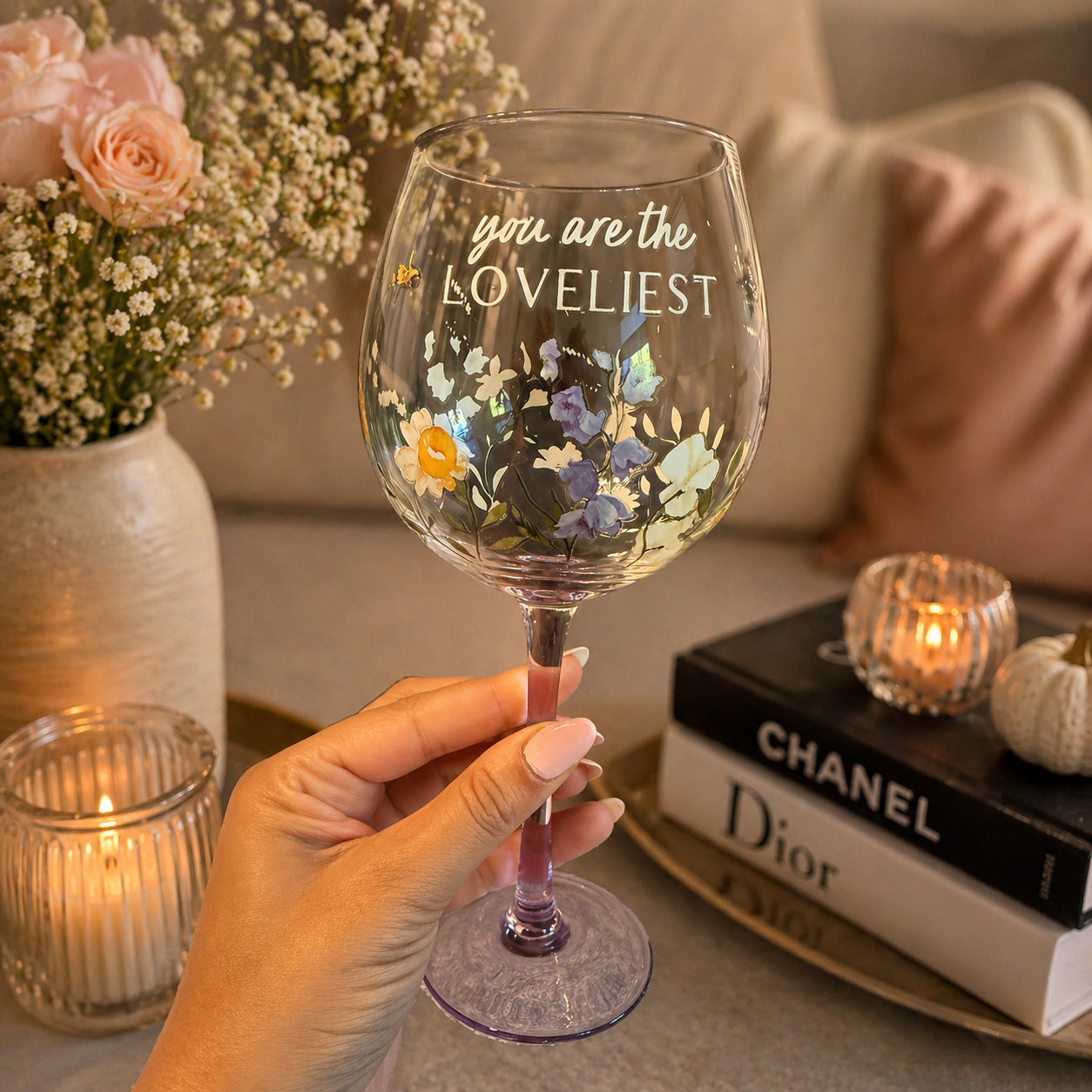 “You Are The Loveliest” Floral Wine Glass & Gin to My Tonic Plaque