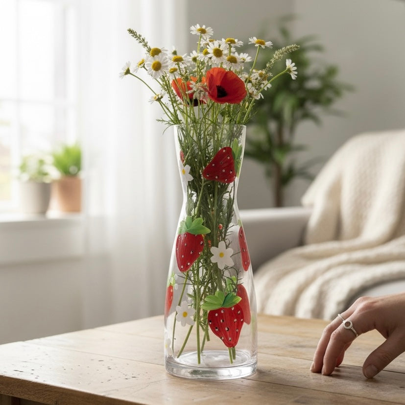 Hand-Painted Strawberry & Daisy Carafe / Vase