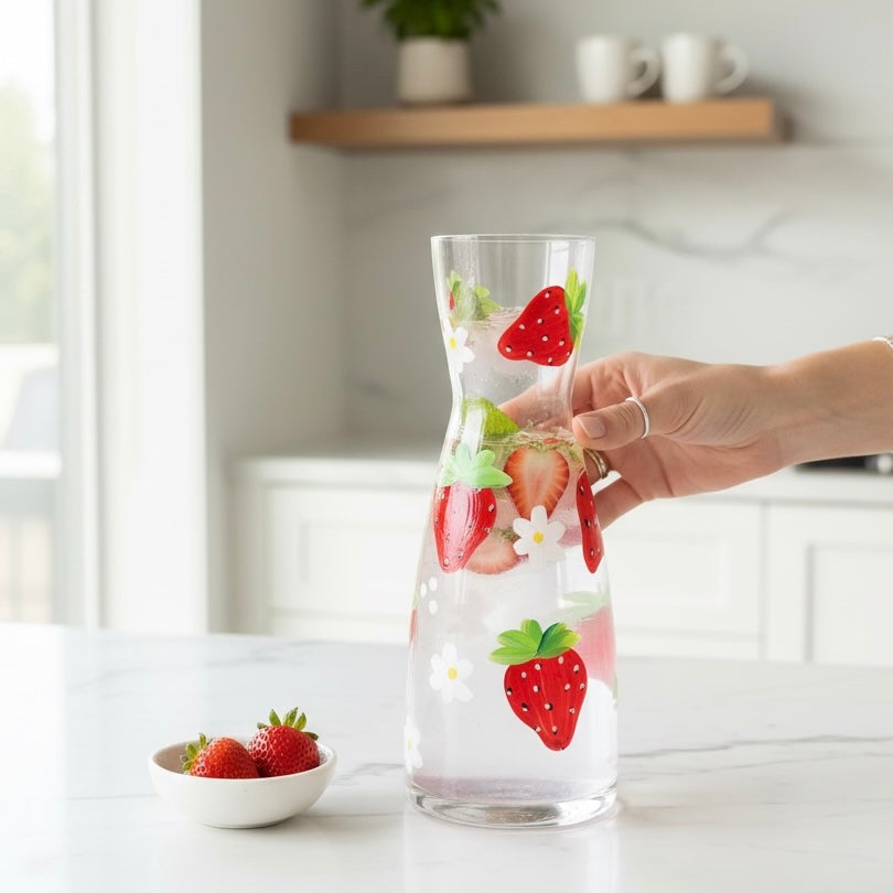 Hand-Painted Strawberry & Daisy Carafe / Vase