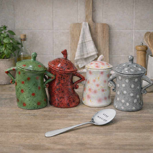 Ceramic Canisters with Attitude – 4 Colours | Gift Set with “Stay Weird” Spoon