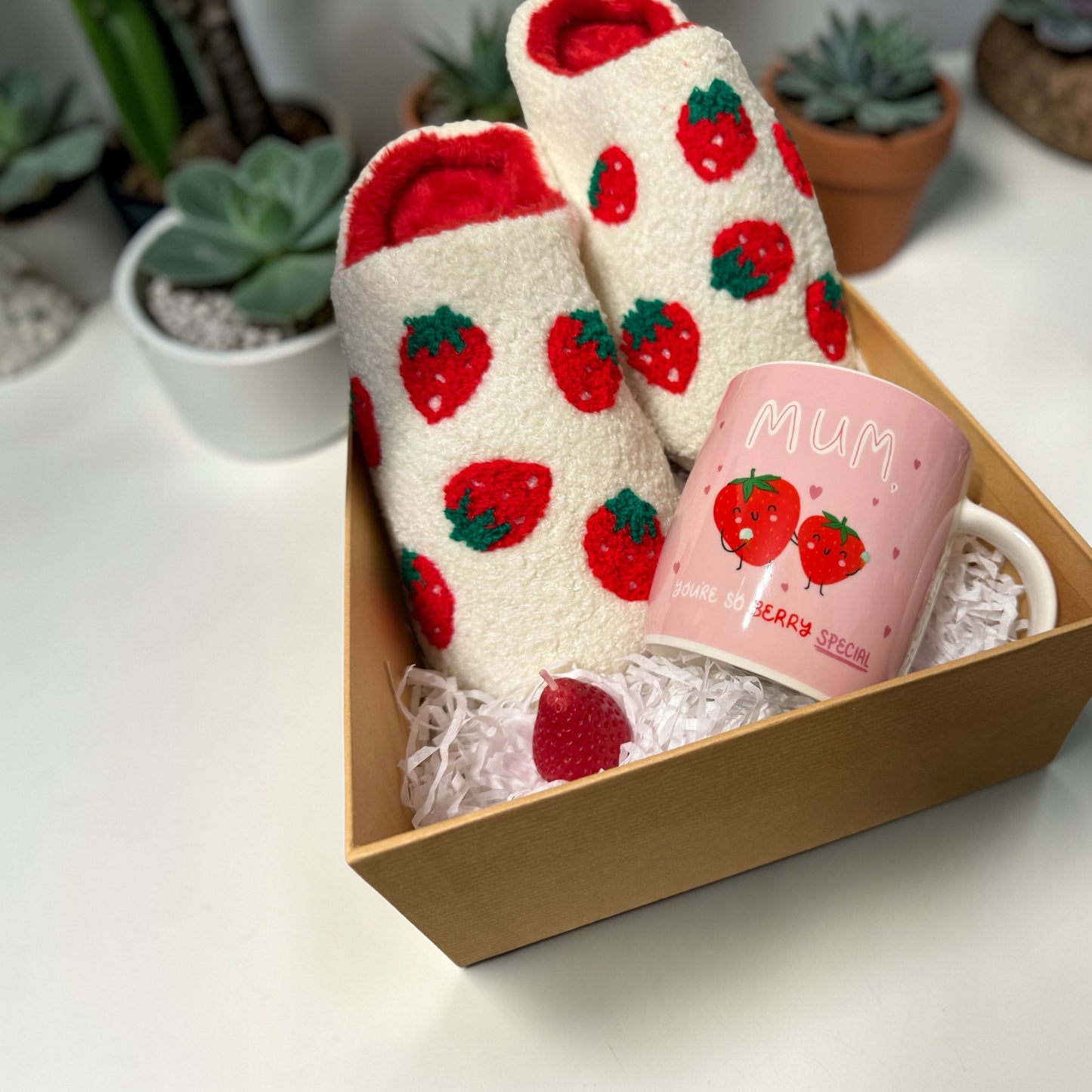 Strawberry Themed Slipper Mug & Candle Gift Set